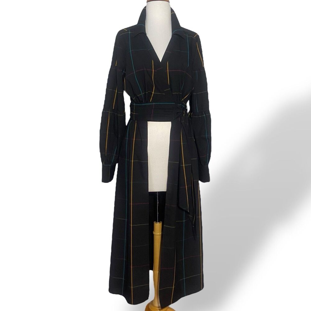 New York & Co Plaid Wrap Maxi Top Shirt Dress Women Size M Lagenlook Pockets